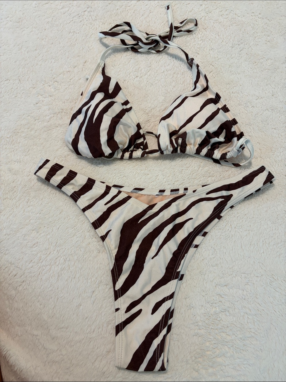 Zebra-Print Triangle Bikini Set - Brown & White